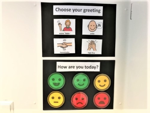 Using visuals at the entrance to prompt greeting in children with autism