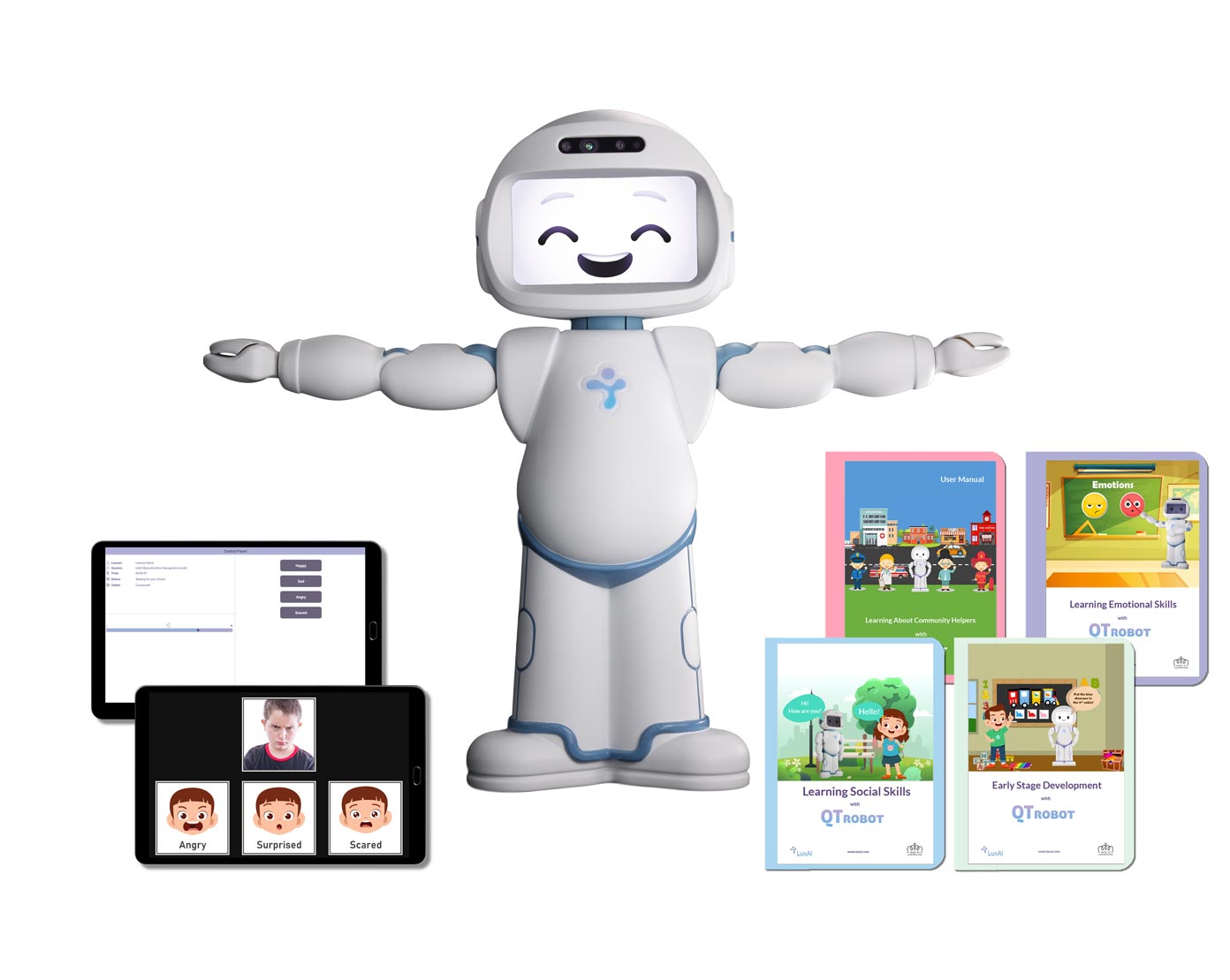 QTrobot for schools product picture with educational curriculum and tablets