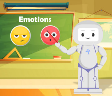 The QTrobot emotional ability curriculum supports students to learn emotion recognition and labeling, connecting situations to their emotional outcome and calm down strategies.