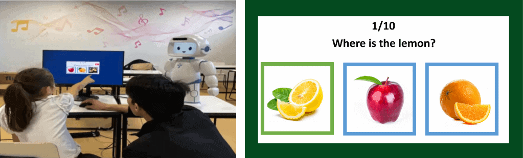 Using a gamified picture matching task led by QTrobot, and providing appropriate feedback using facial expression, gesture and verbal communication to support students emotionally and mentally in learning language
